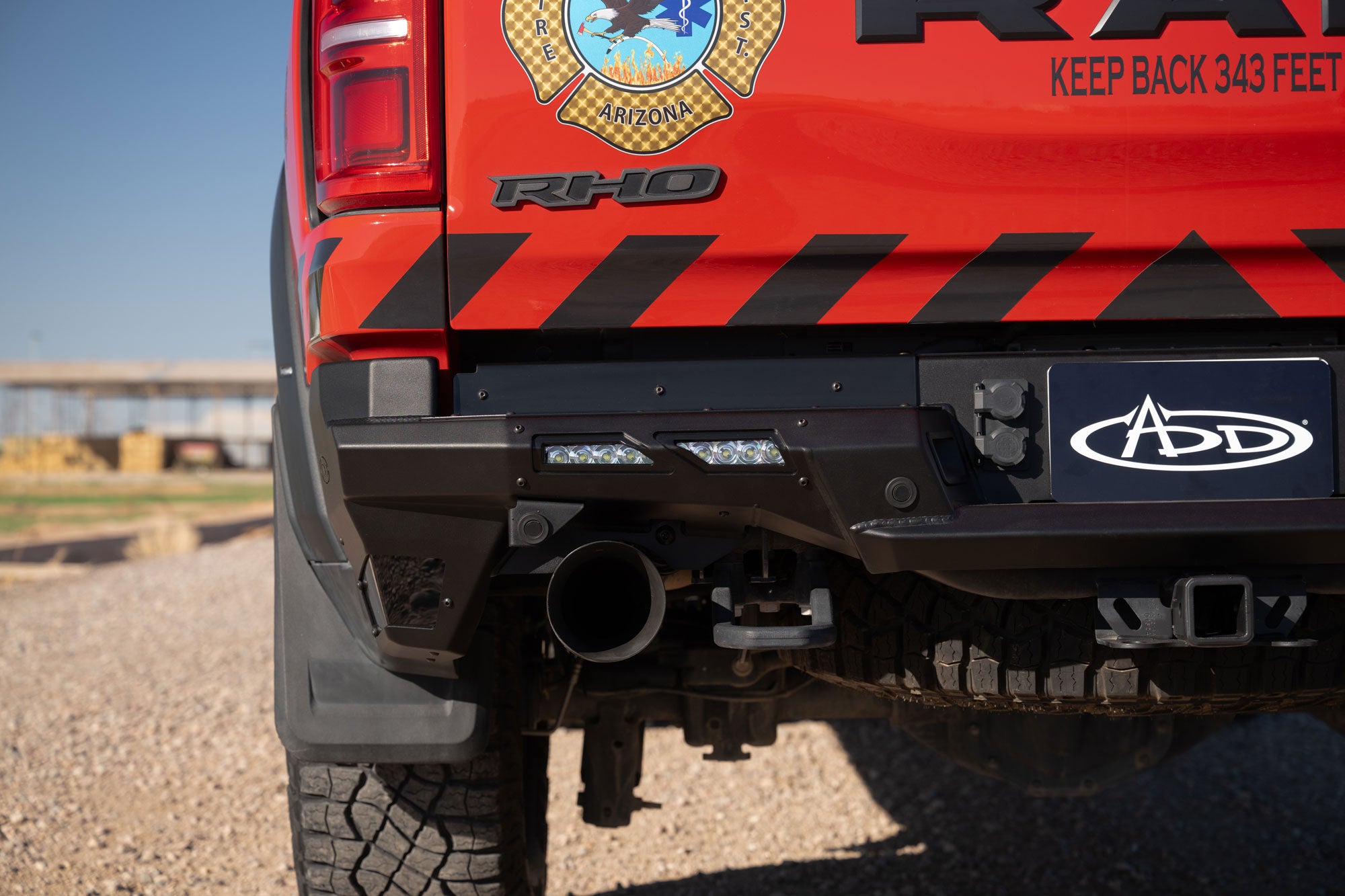 Outdoor photoshoot of the Phantom Rear Bumper for RAM RHO with focus on the 10" light bar