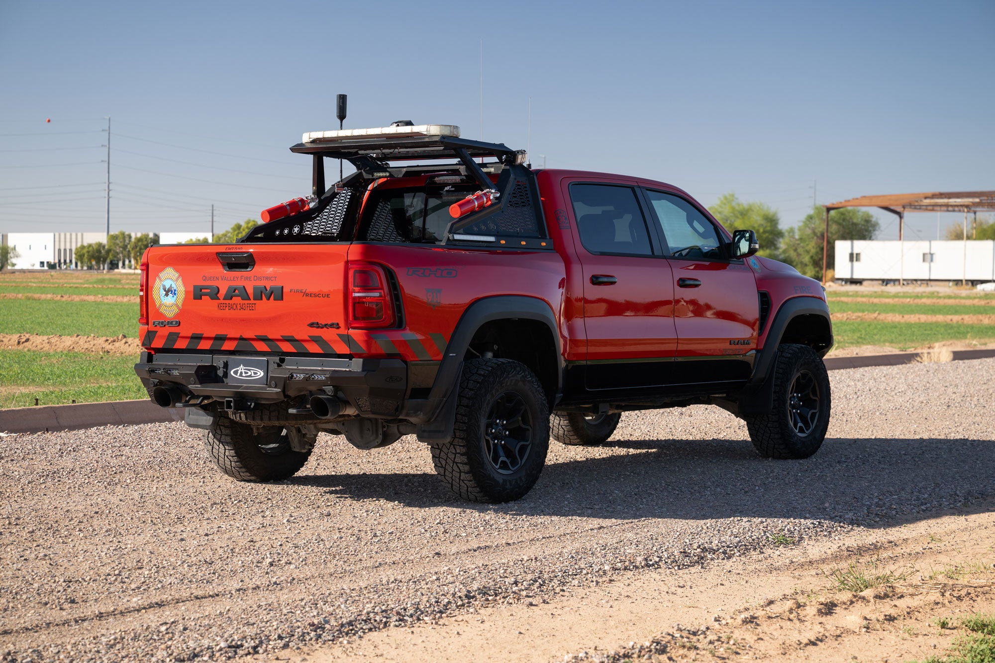2025 Ram RHO Phantom Rear Bumper outdoors, installed on fire vehicle.