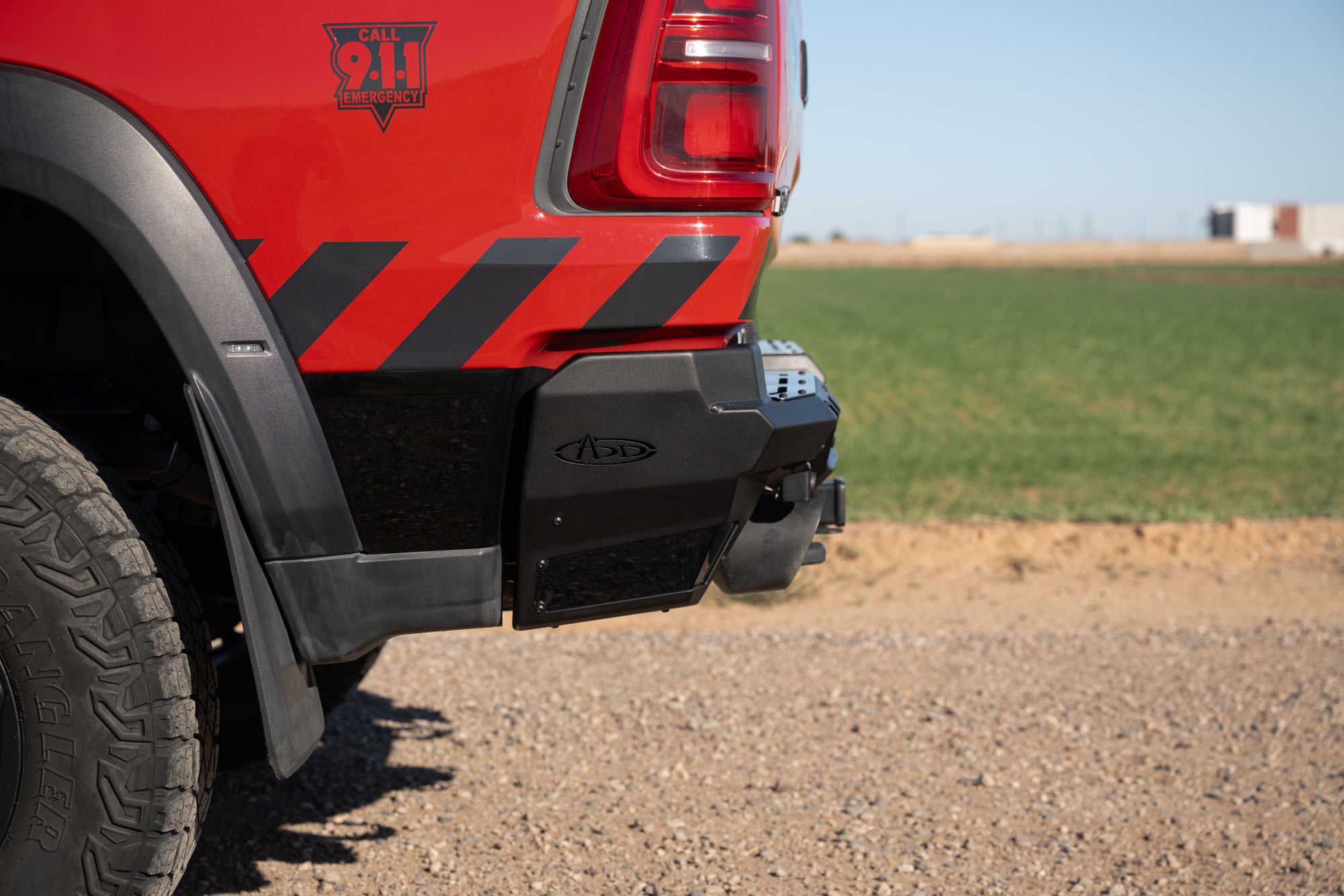 Outdoor side profile of the Phantom Rear Bumper for the RAM RHO.
